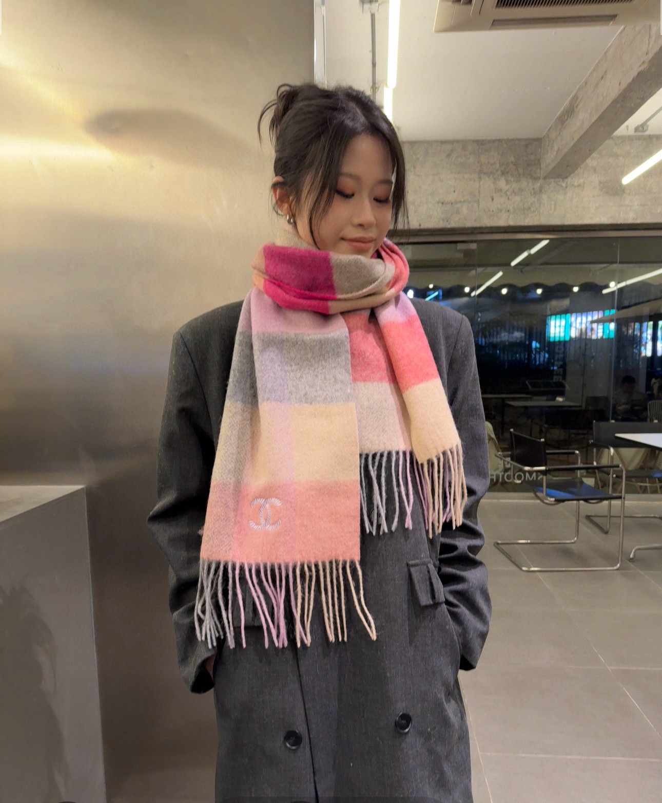 Chanel Cashmere Scarf Colorblock Pink For Women 200cm