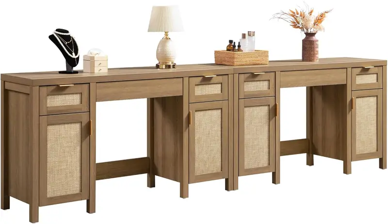 SICOTAS Rattan Dressing Table – 52-Inch Natural-Wood Vanity Desk