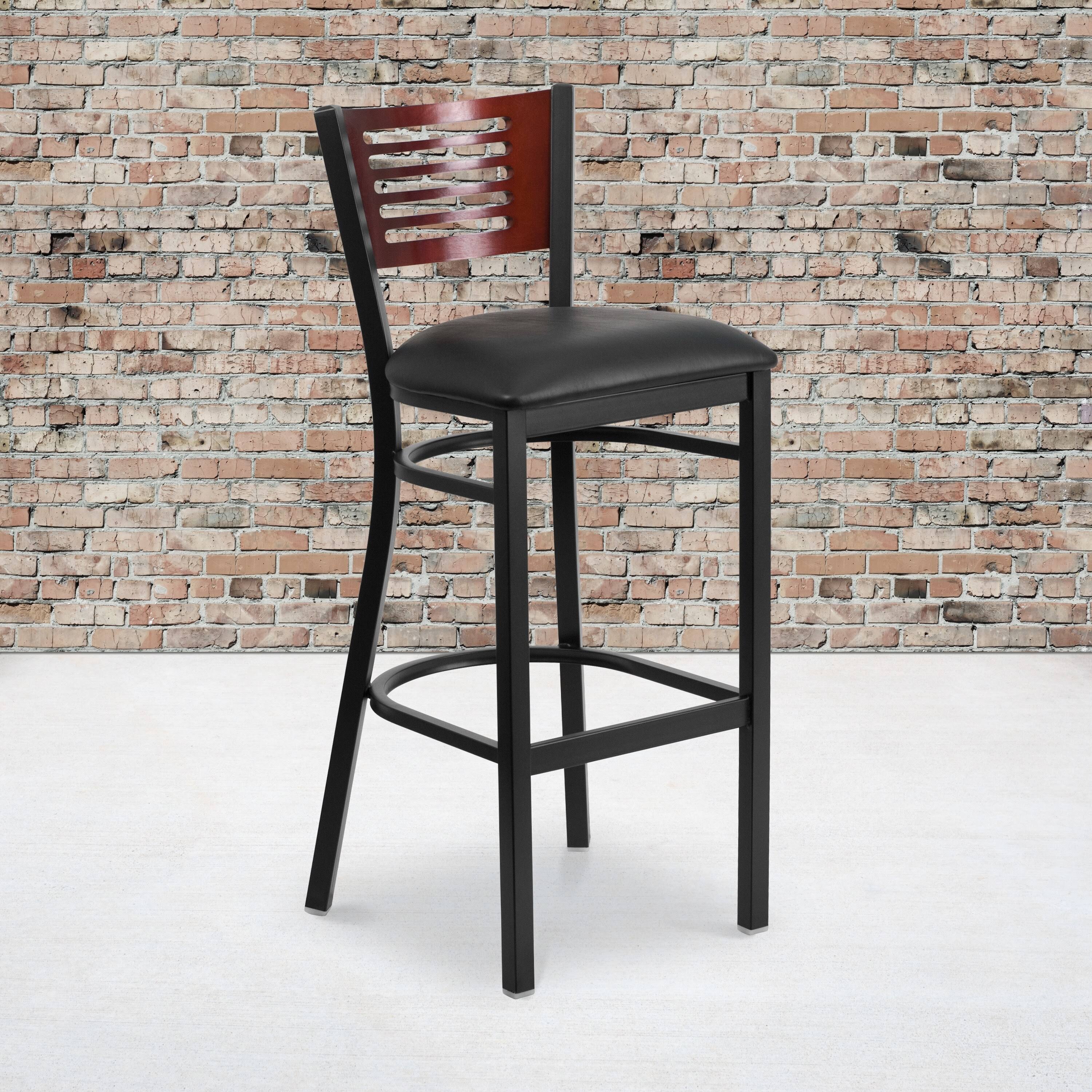 Lancaster Home Decorative Slat Back Metal Restaurant Barstool - 19.75x22W x 20x22D x 43x22H - Mahogany Wood Back/ Black Vinyl Se