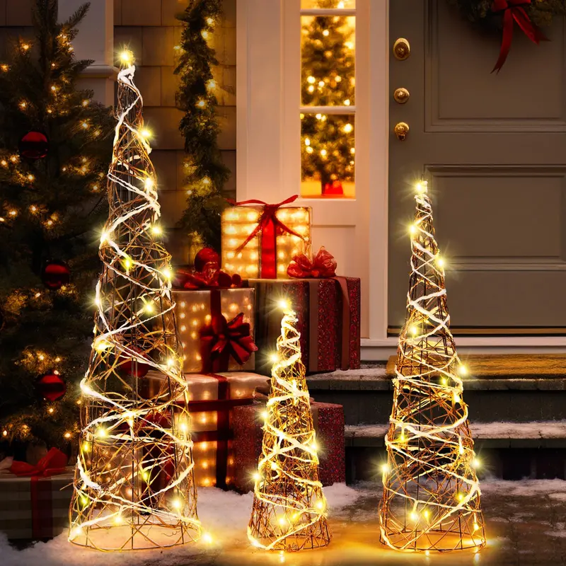 Set of Three Tapered Indoor Christmas Cone Trees — 32″, 24″, and 16″ with Warm White LED Lights