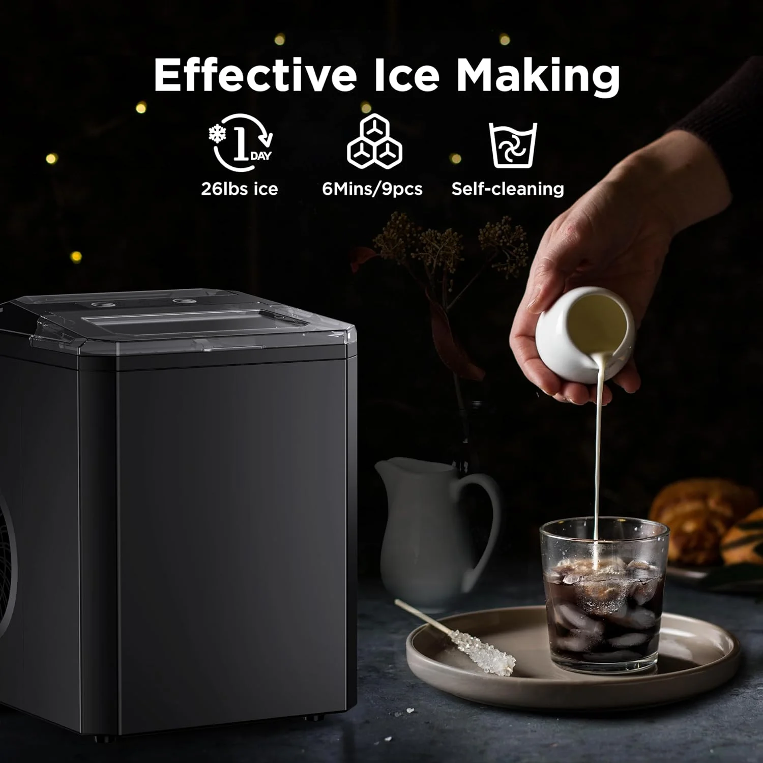 Philergo Quick Cube Ice Machine, 26lbs/24hrs Portable Countertop Sizes of Bullet Cubed Ice Maker for Home Kitchen Office Bar Party, Black