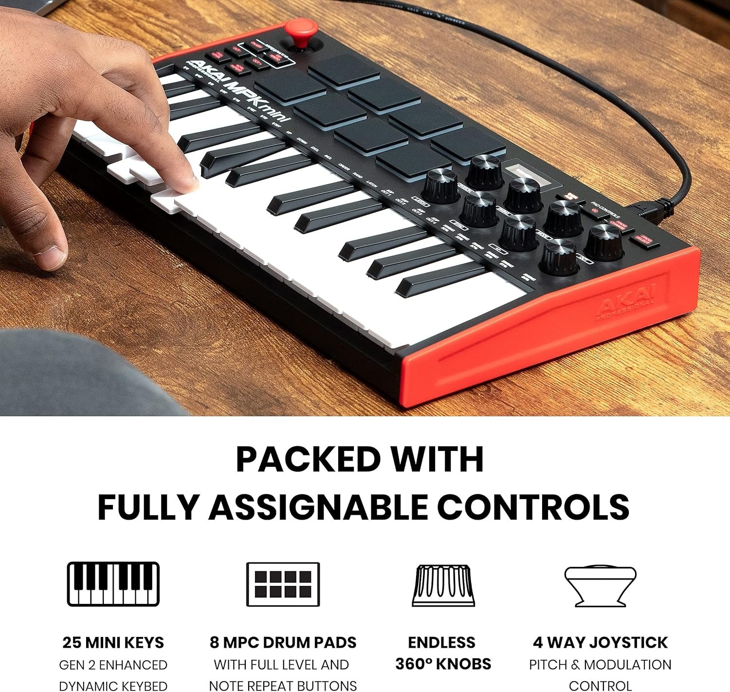25 Key USB MIDI Keyboard Controller with 8 Backlit Drum Pads, 8 Knobs, Music Production Software and Native Instruments Sound Package (NKS Integration)