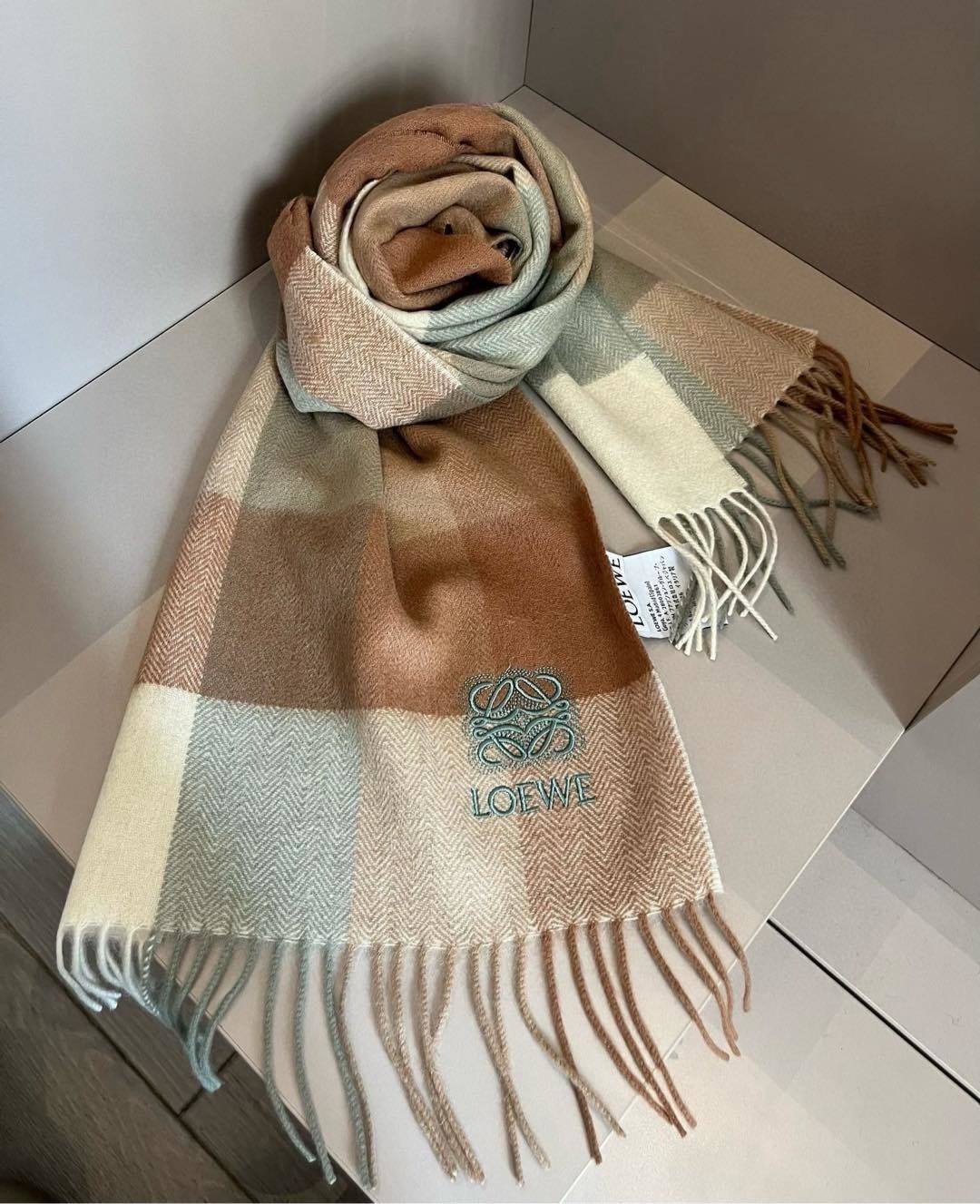 Loewe Cashmere Scarf Check Brown Green For Women 180cm