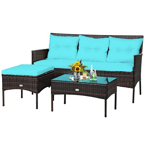 Costway 3PCS Patio Rattan Furniture Set 3Seat Sofa Cushioned Table
