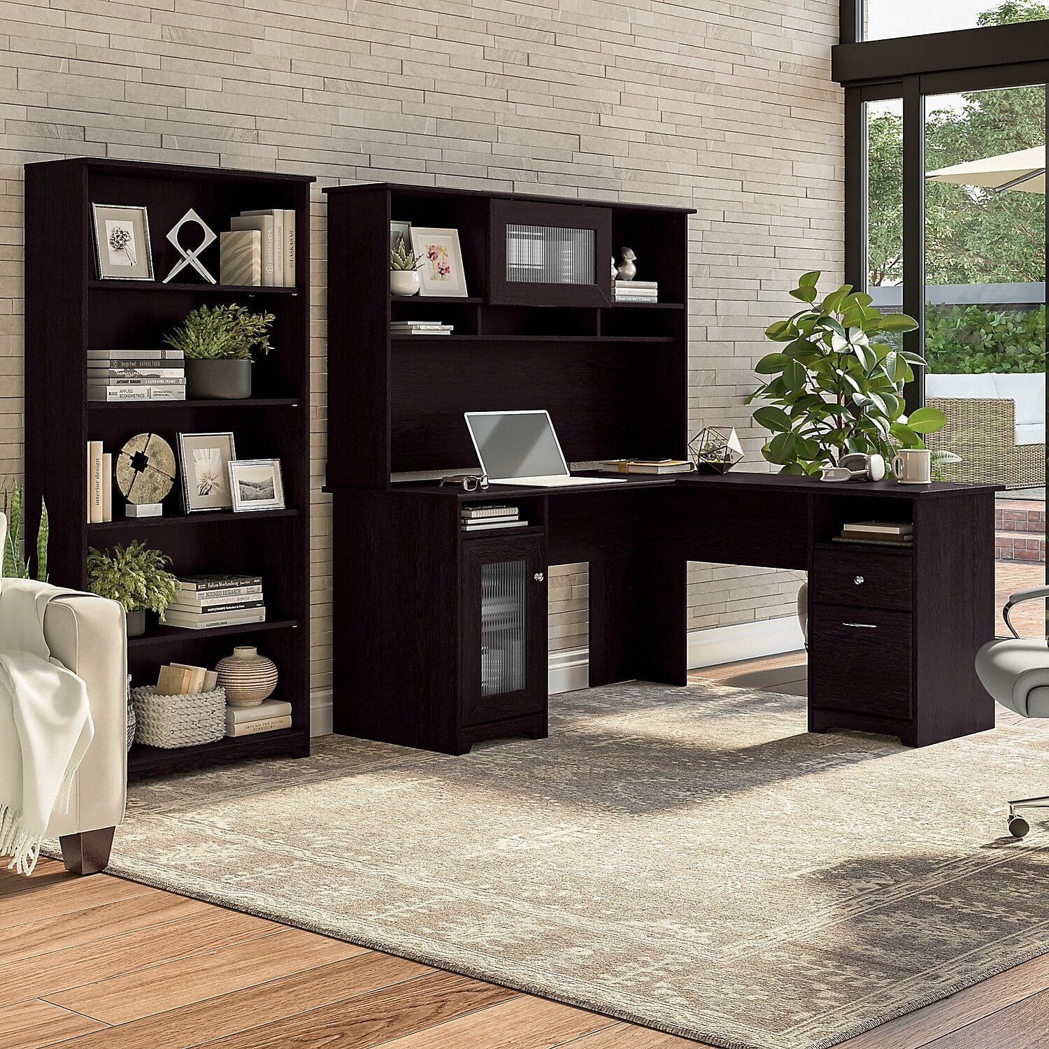 Maykoosh French Country 60W L Shaped Computer Desk With Hutch And 5 Shelf Bookcase