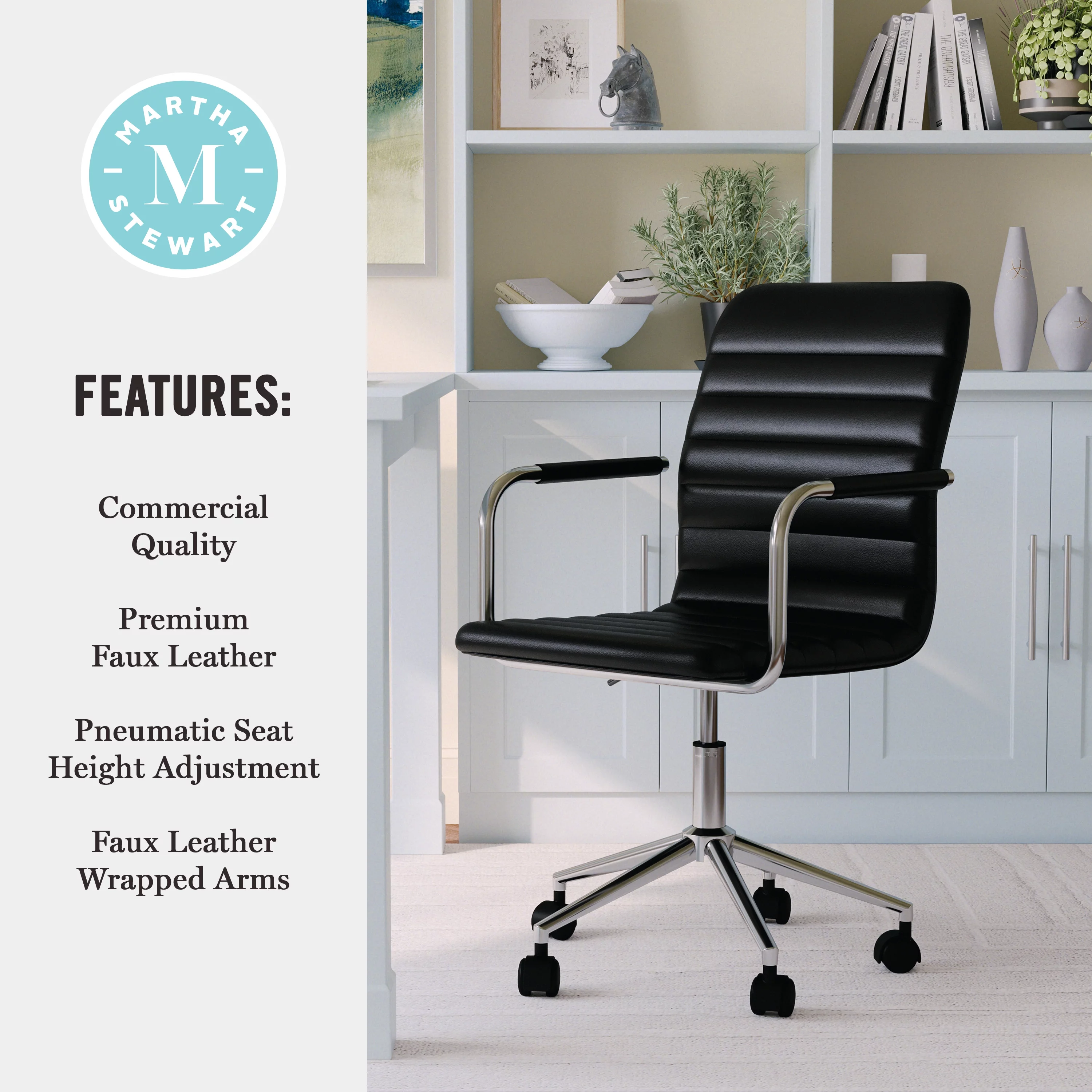 Martha Stewart Taytum Upholstered Office Chair in Black/Polished Nickel