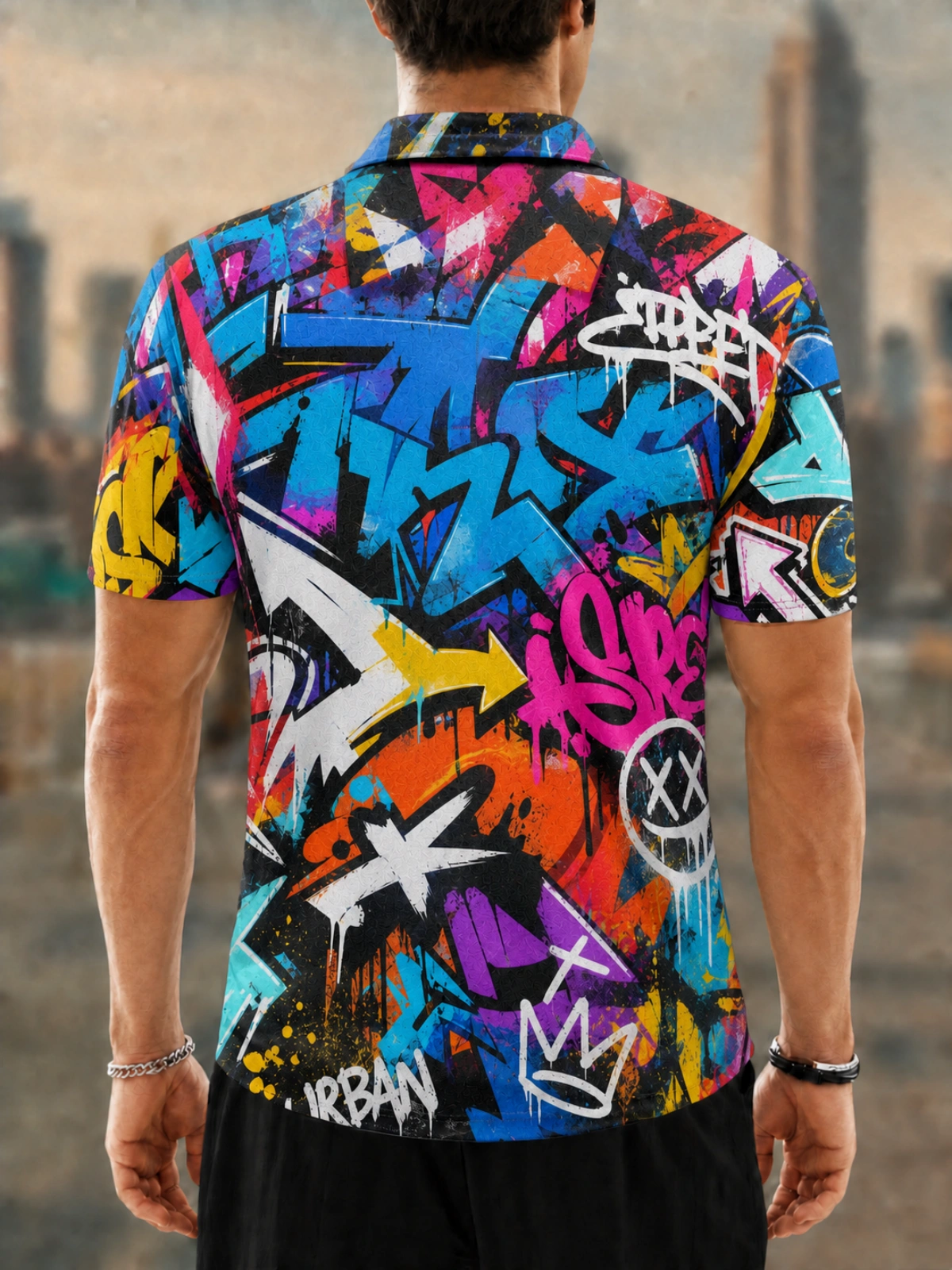Moisture Wicking Golf Polo 3D Colorful Street Graffiti All Over Print Button Short Sleeve Golf Polo Shirt