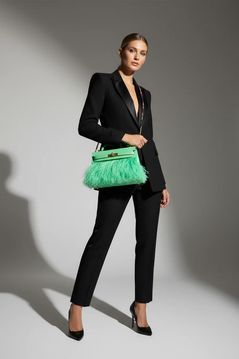 Hermès Kelly Élan Folie Vert Comics Chèvre Chamkila and Ostrich Feather Palladium Hardware