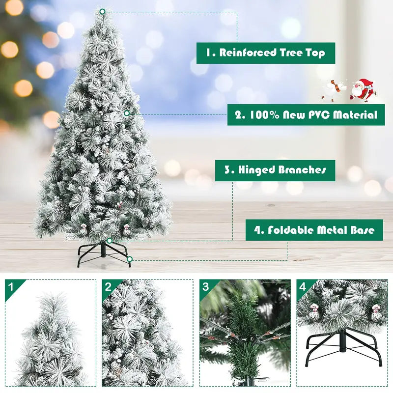 Snow-Flocked Artificial Pine Tree with Pinecones and Red Berries – Hinged Design