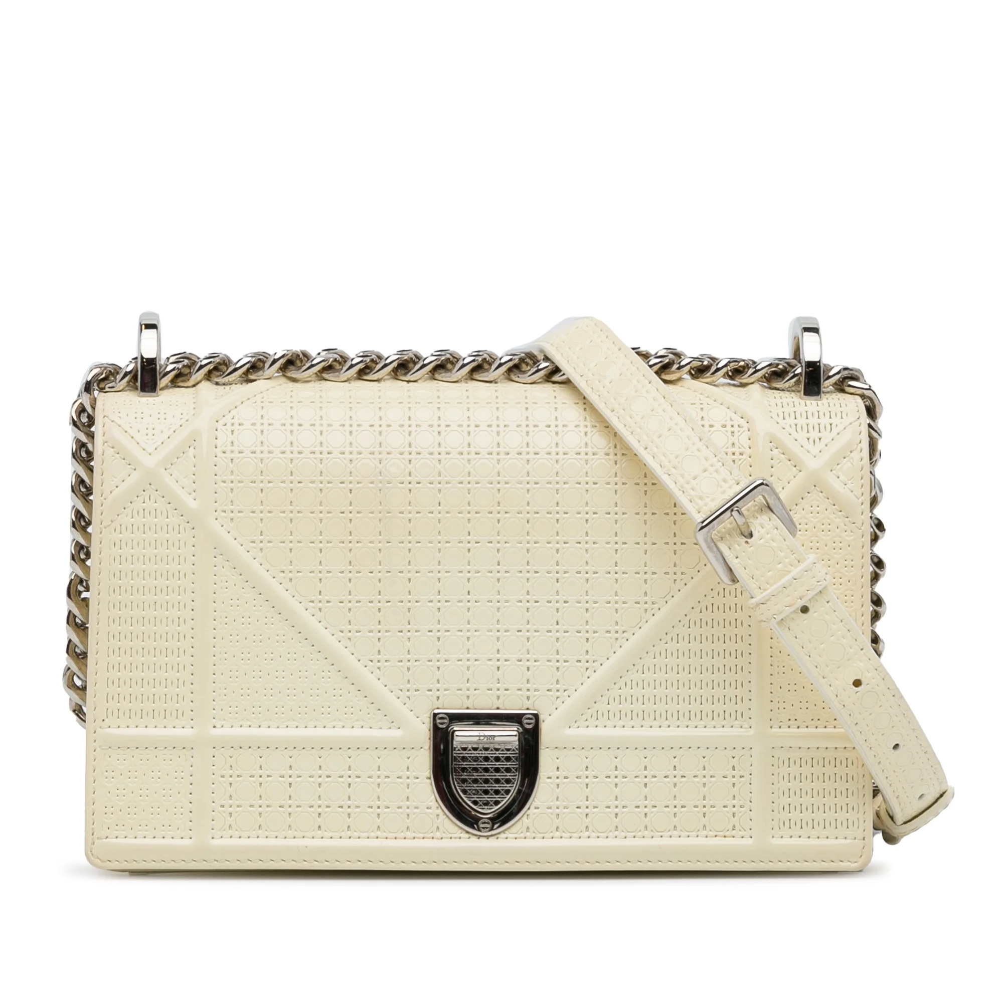 Pre-Owned Authenticated Dior Medium Patent Diorama Leather White Crossbody Bag Unisex (Fair)