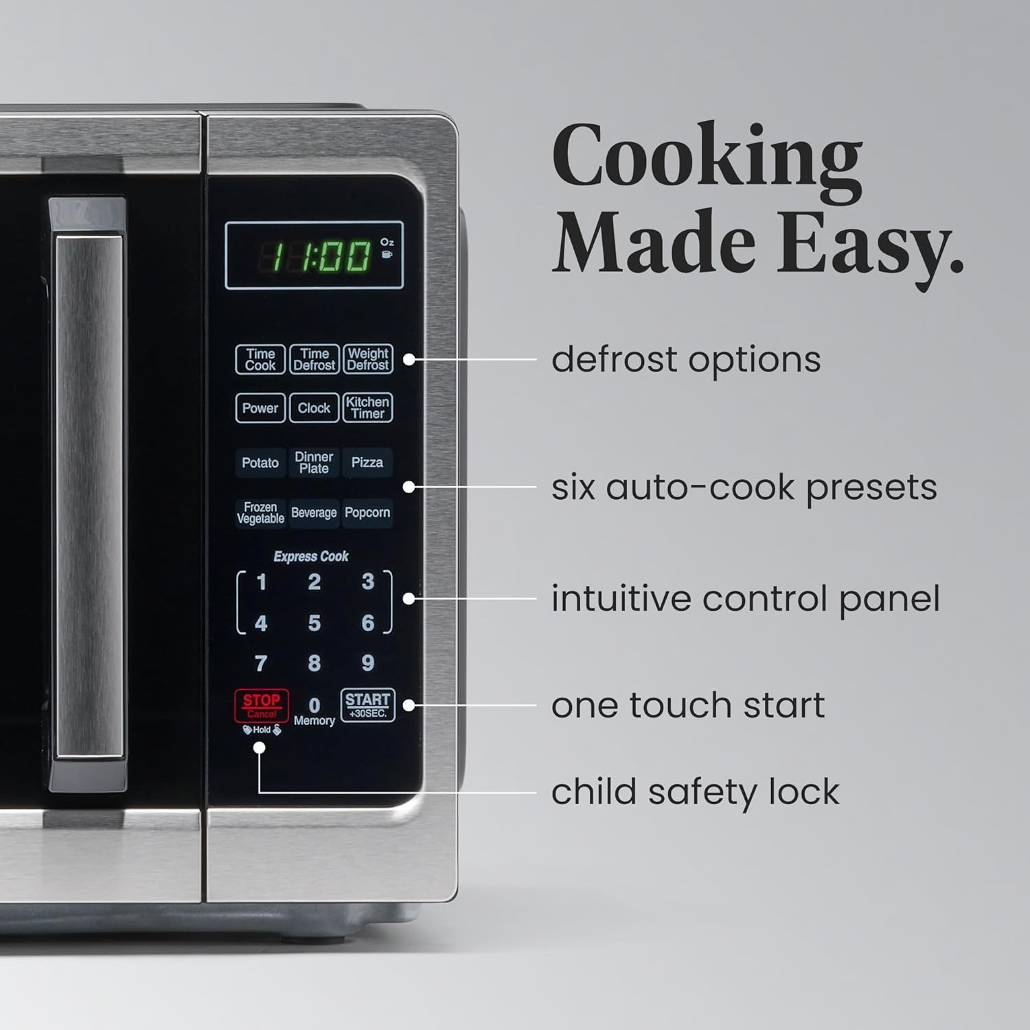 0.9 Cu. Ft. Countertop Microwave Oven – 900 Watts Power, Auto Cook Settings, Defrost, Easy Clean and Child Safety Lock – Stainless