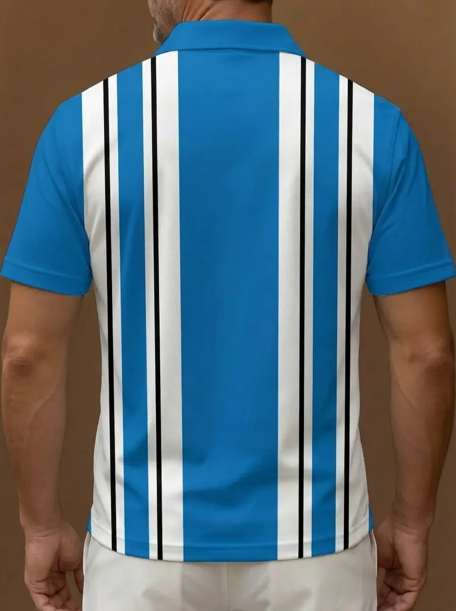 Bright Blue White Black Vertical Stripe Pattern Button Short Sleeve Golf Polo Shirt
