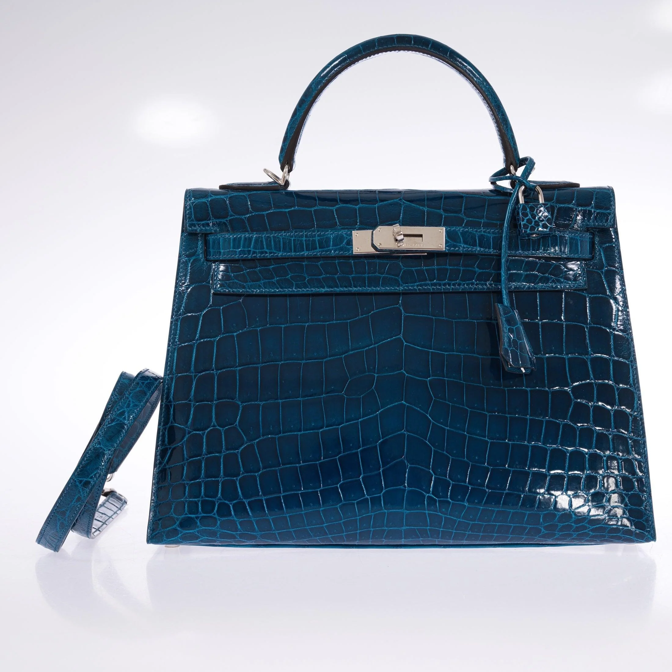 Hermès Kelly 32 Sellier Blue Colvert Shiny Niloticus Crocodile Palladium Hardware