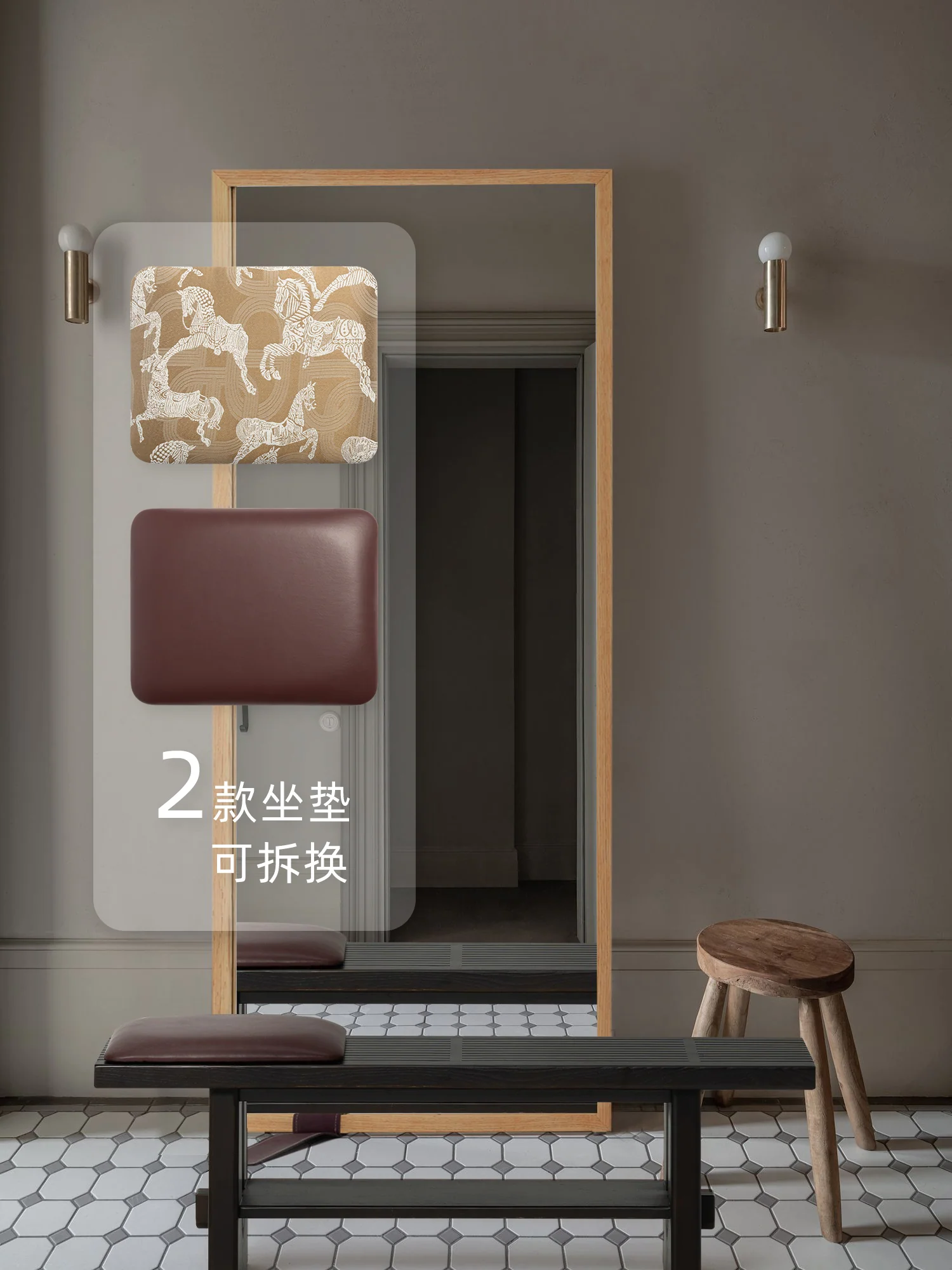 CH092-1 - White Waxwood Solid Wood Shoe Changing Stool: Royal Horse Embroidery, Dual-layer Storage Bed End Stool Shoe Rack