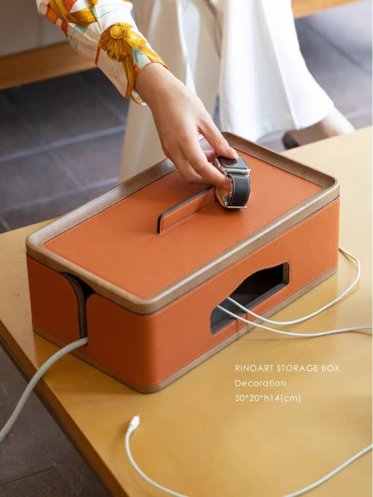 DC275 - Home Decor Hidden Plug Box! HDeco saddle leather solid wood large-capacity wire box desktop storage box