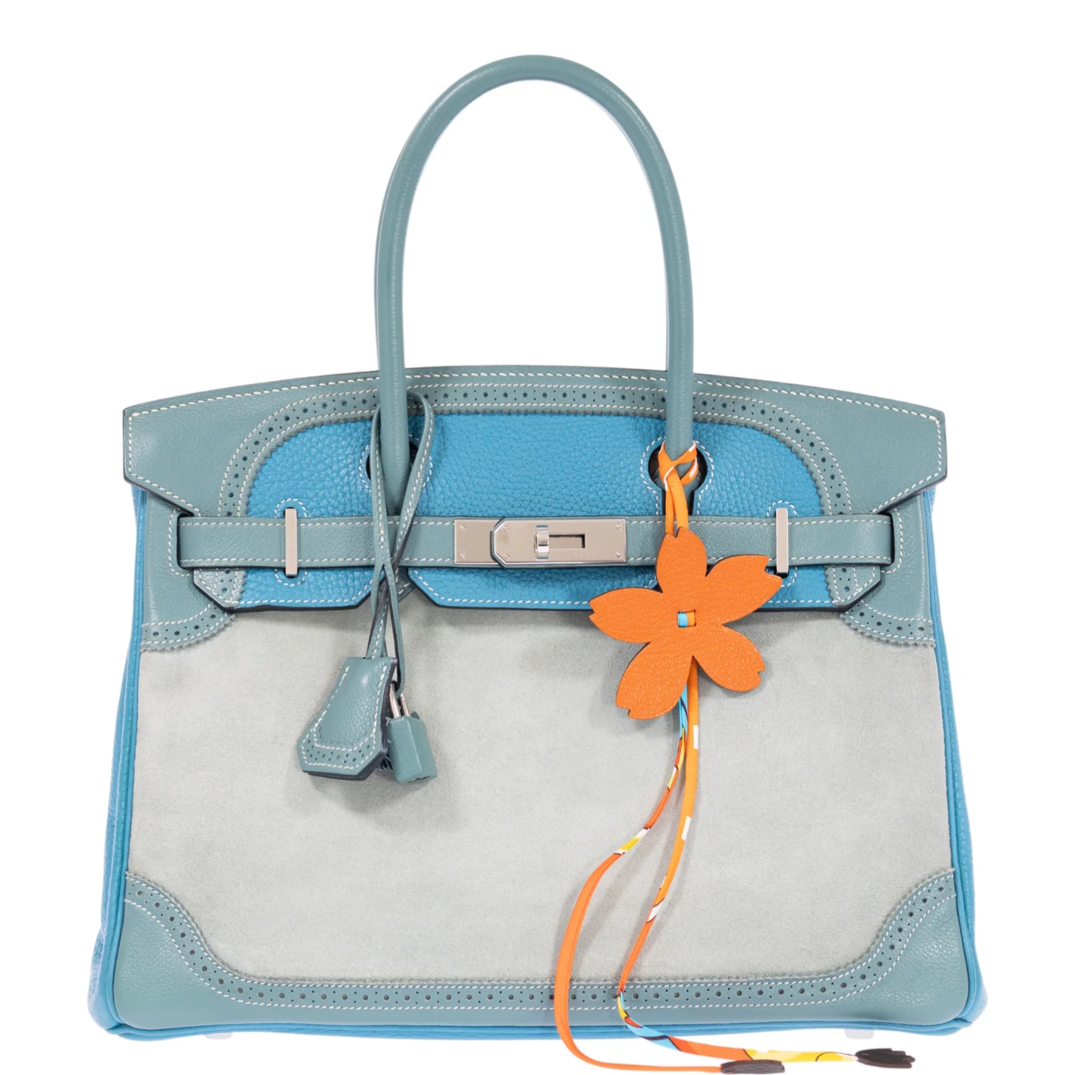 Hermès Birkin 30 Grizzly Ghillies Gris Perle Doblis, Ciel Evercolor & Turquoise Clémence Palladium Hardware