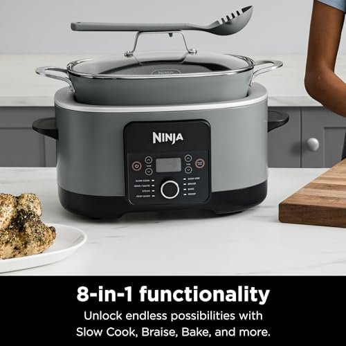 8.5 Quart Multi-Cooker, with 8-in-1 Slow Cooker, Dutch Oven, Steamer, Glass Lid Integrated Spoon, Nonstick, Oven Safe Pot to 500°F, Sea Salt Gray
