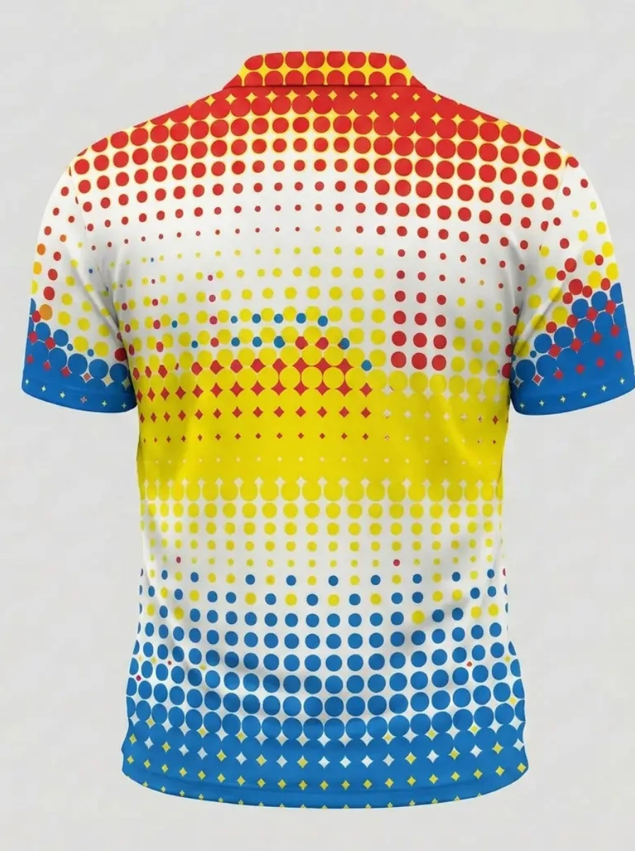 Moisture Wicking Golf Polo 3D Red Yellow Blue Gradient Dot Pattern Button Short Sleeve Golf Polo Shirt