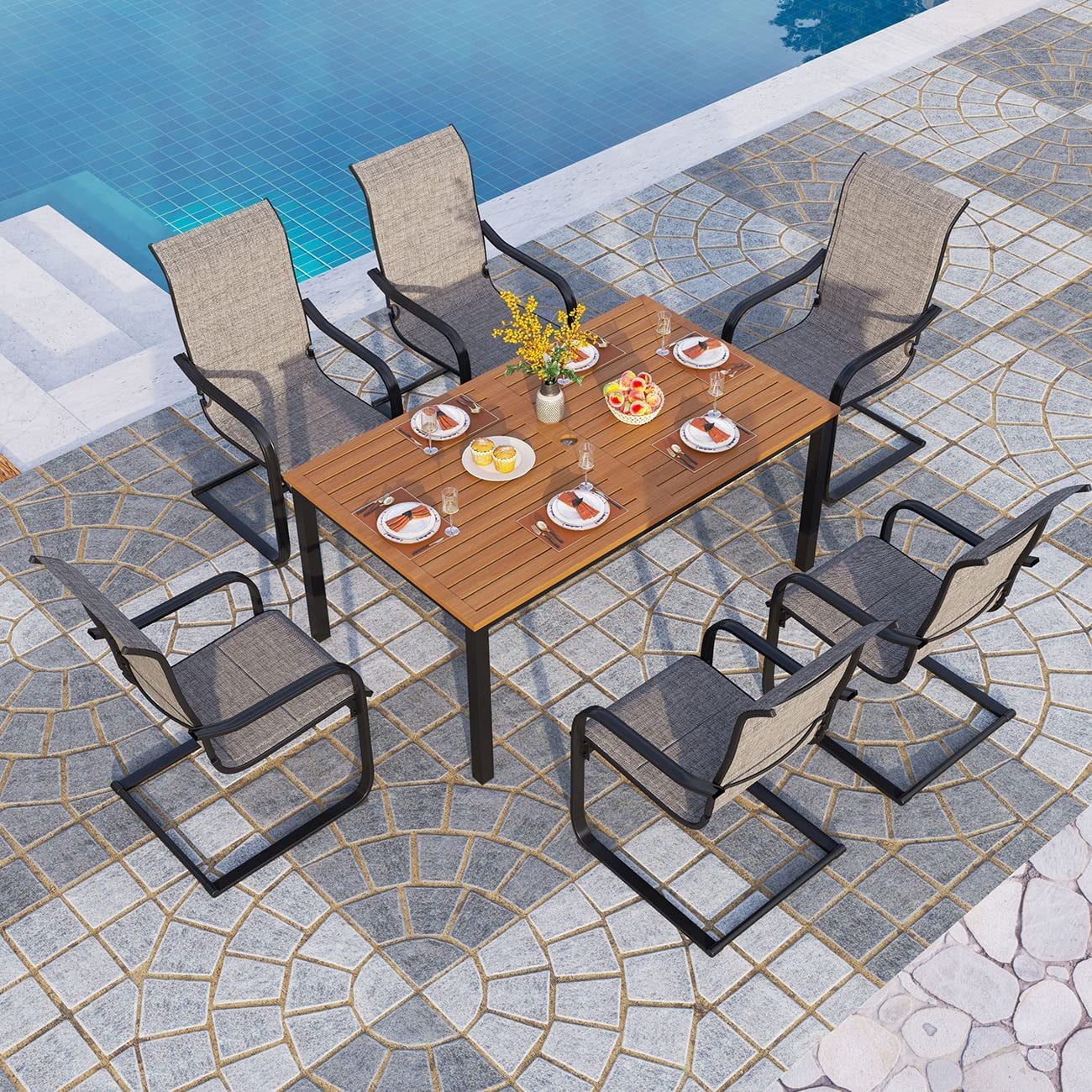 Perfect VILLA 7 PCS Outdoor Dining Table and Chairs 6 Spring Chairs with Higher Back and Wood-Like Table Top Dining Table Waterproof Rustproof for Garden  Yard