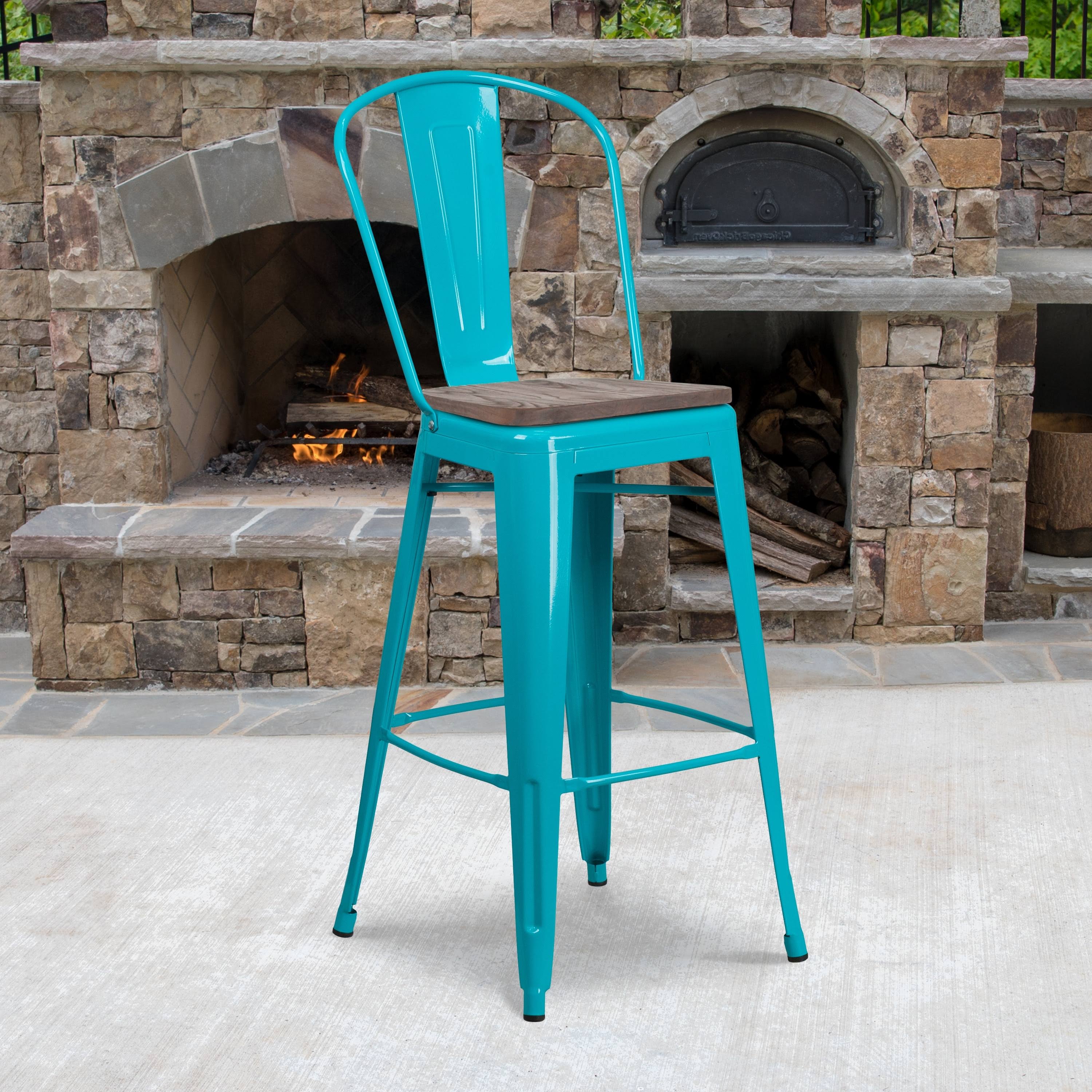 Lancaster Home 30x22 High Metal Barstool with Back and Wood Seat - 18x22W x 19x22D x 46x22H - Crystal Teal-Blue