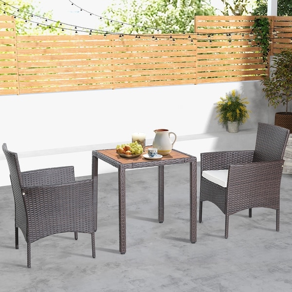 Costway 3PCS Patio Wicker Dining Set Acacia Wood Table Top with