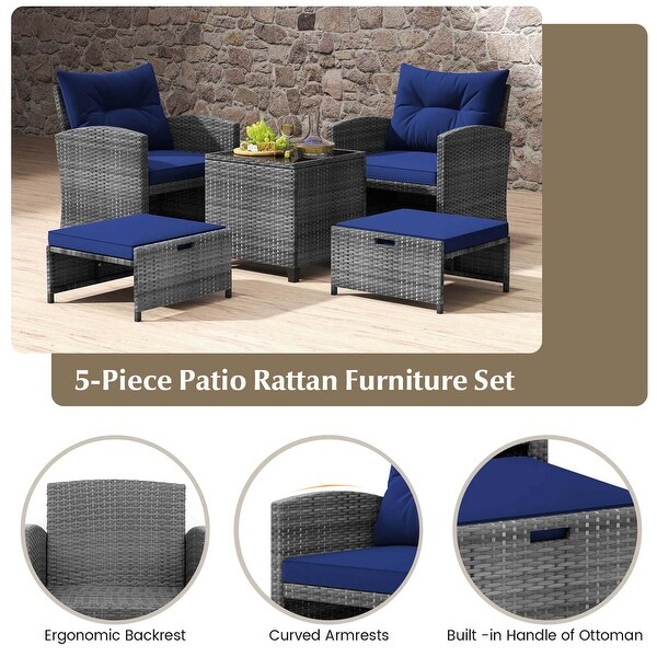 Costway 5 Piece Patio Rattan Furniture with 2 Ottomans and Tempered