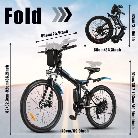 26” Folding Electric Mountain Bike 250W Electric Bicycle with Removable Large Capacity Lithium-Ion Battery, Professional 21 Speed Gears
