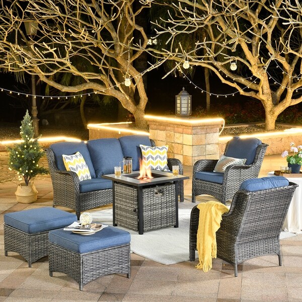 OVIOS Grey Wicker 6piece Patio Furniture Set With Fire Pit