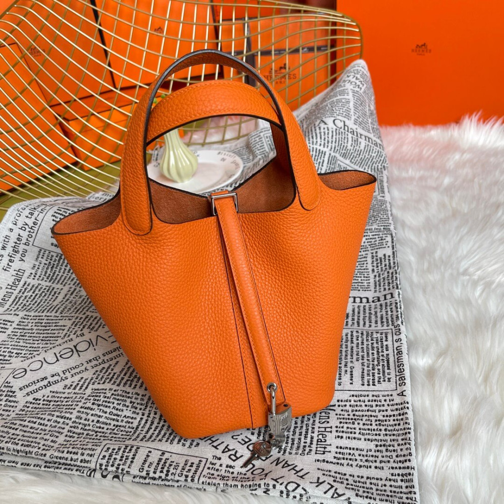 Hermes Picotin Lock Bag In Taurillon Clemence Orange 22Cm