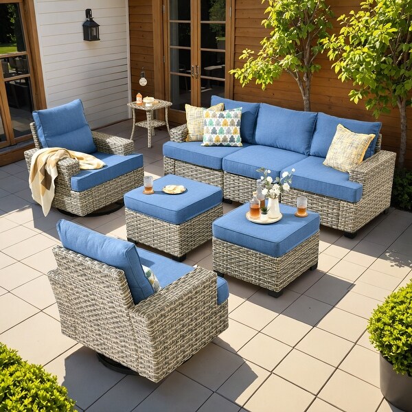 OVIOS 8 Pieces T shaped Seat Wide Armrest Swivel Chair Set With Ottoman