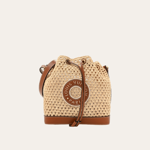 Louis Vuitton Noé Purse Raffia Woven Mini Bucket Bag Brown 7.5 Inches