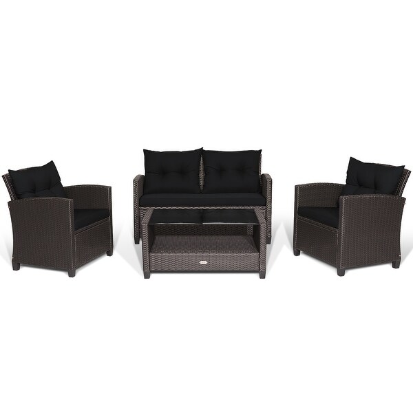 Costway 4 PCS Patio Rattan Furniture Set Glass Table Shelf Sofa