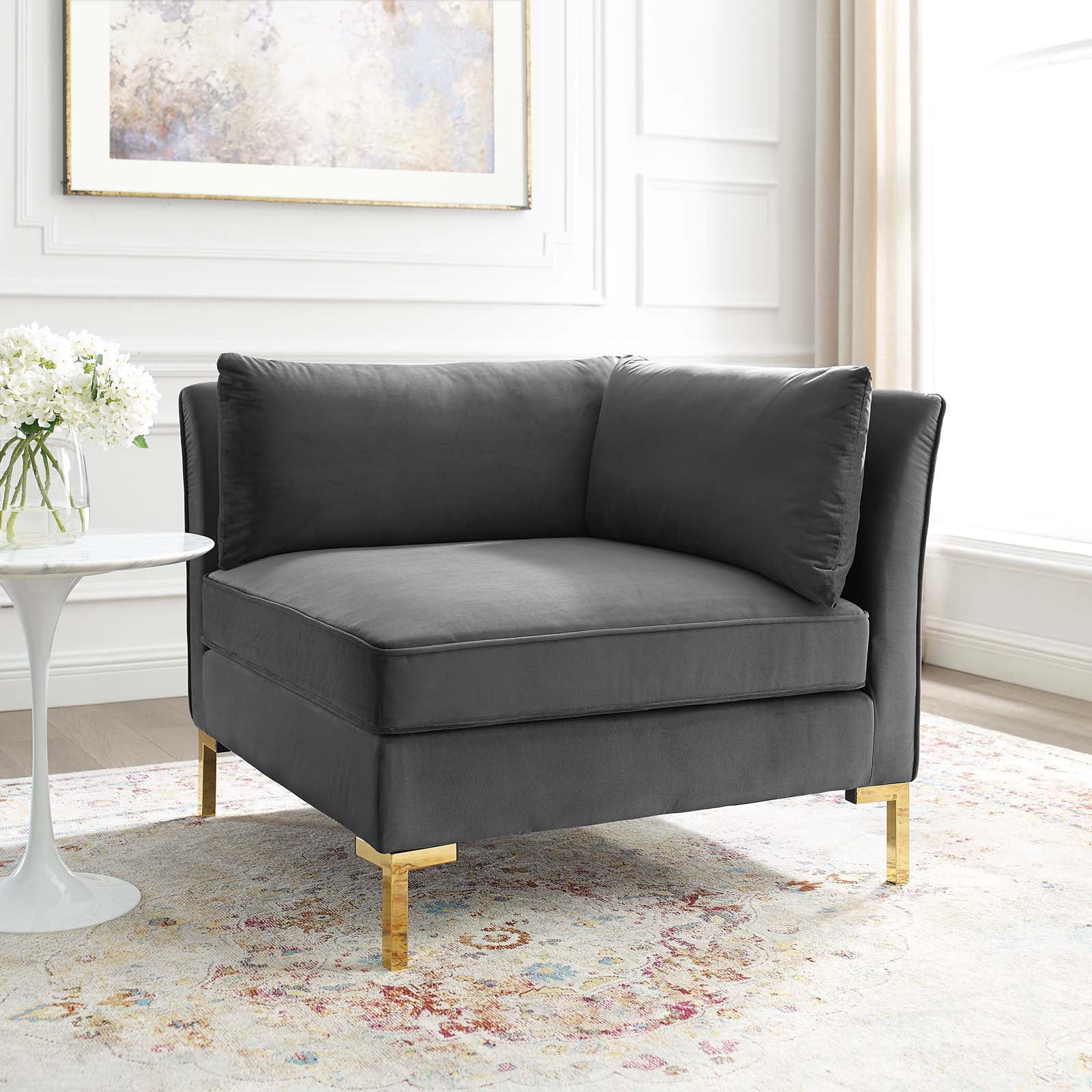 Modway Ardent Performance Velvet Sectional Sofa Corner Chair in Gray