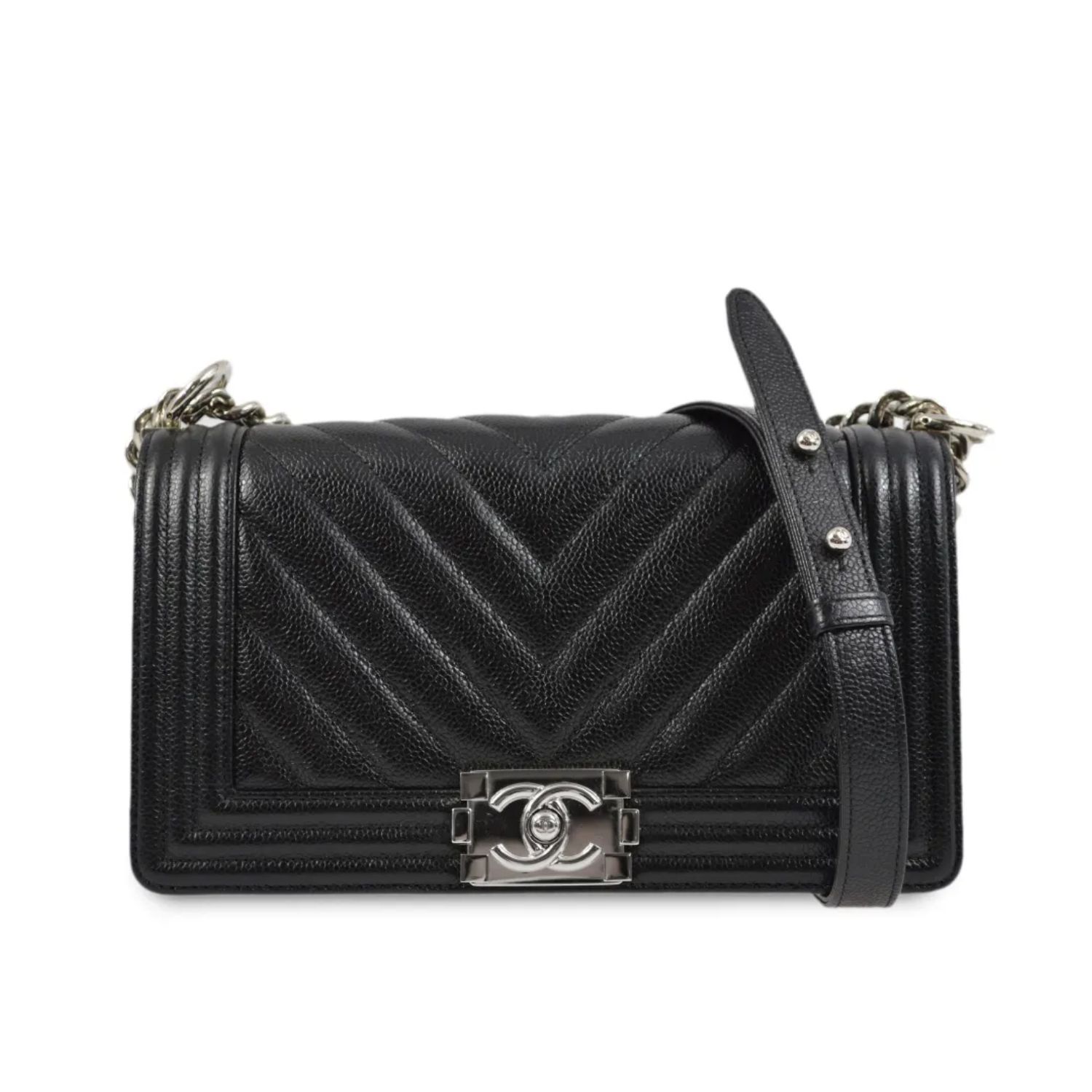 Chanel Boy Caviar Chevron Quilted Flap Bag Black 25Cm/9.8in