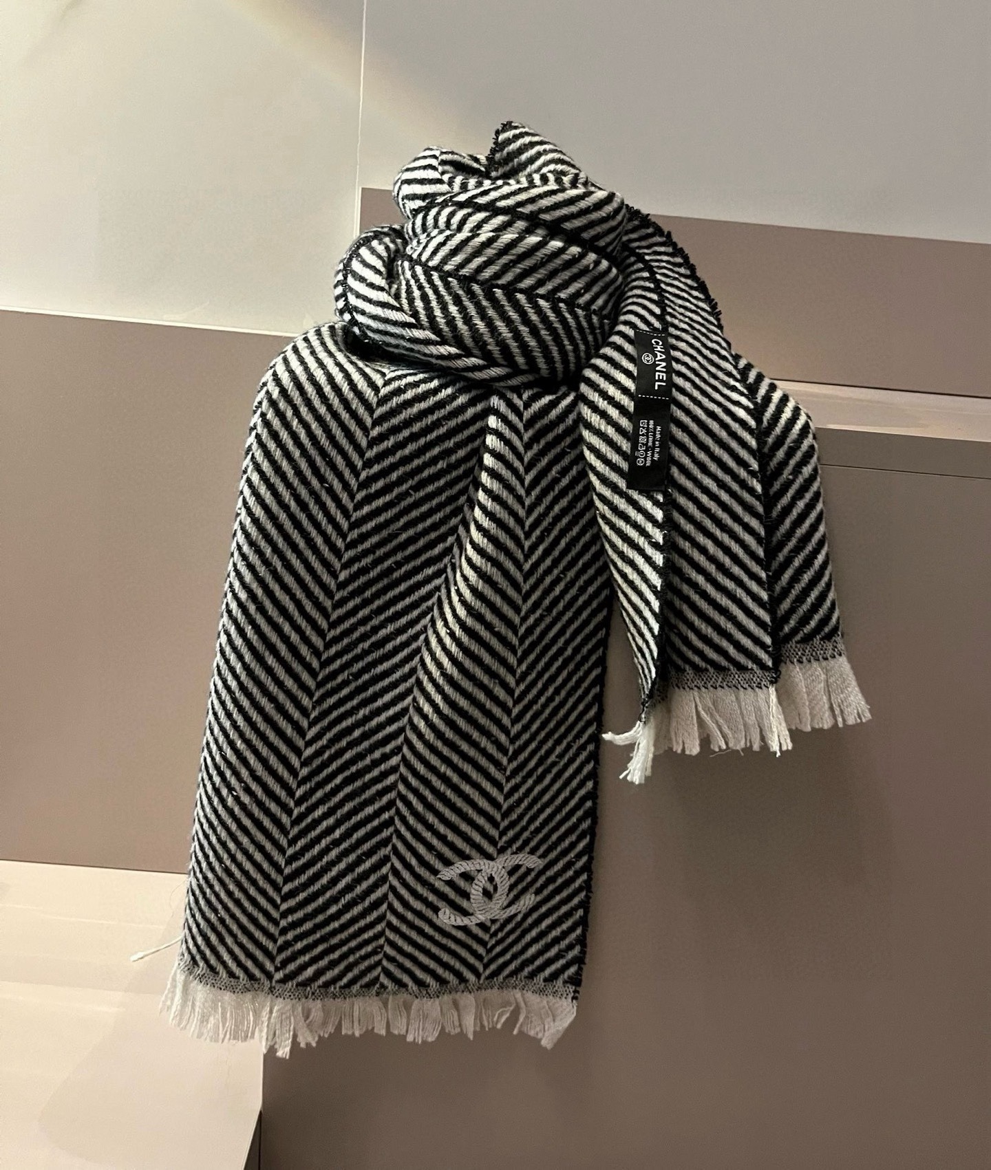 Chanel Cashmere Scarf Chevron Black For Women 180cm