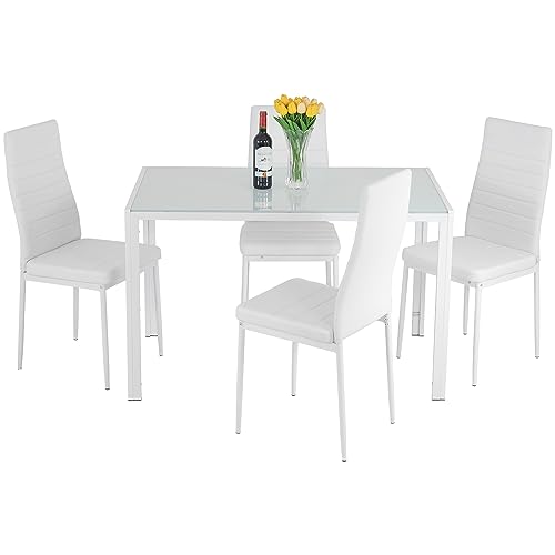 FDW | 5-Piece Dining Table Set | Glass Kitchen Table with 4 Upholstered Chairs | Space-Saving Design | Faux Leather Cushions | Modern Rectangular Table | Black | for Dining Room, Small Spaces