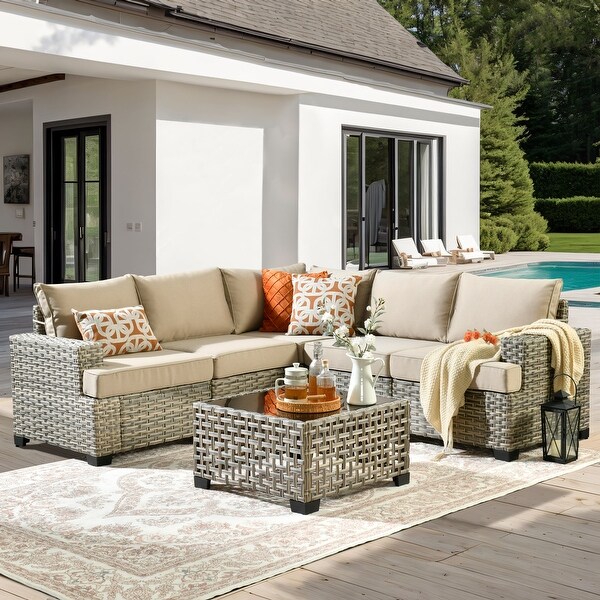 OVIOS 6 Pieces T shaped Seat Wide Armrest Set With SolarPowered Coffee Table