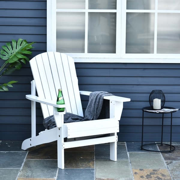 Outsunny Ergonomic White Wood Adirondack Lounge Chair with Cup Holder