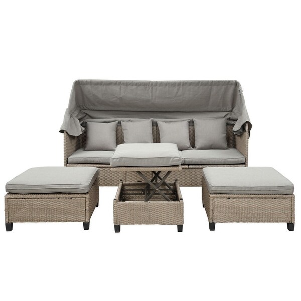 4 Piece Wicker Patio Sofa Set with Retractable Canopy and Lifting Table