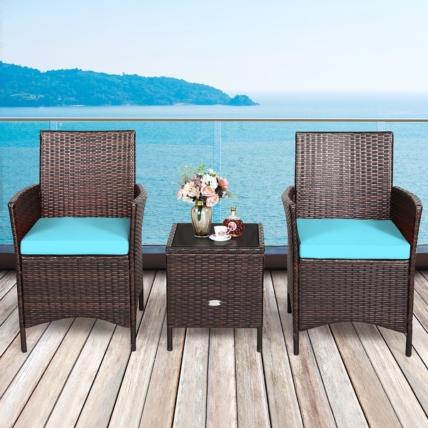 Costway 3PCS Patio Rattan Furniture Set Cushioned Sofa Glass Tabletop