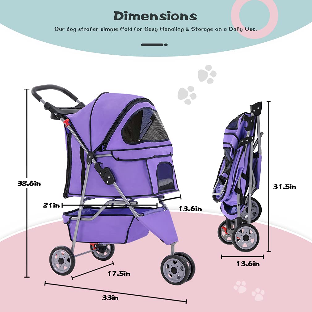 BestPet 3 Wheel Collapsible Pet Stroller,Purple