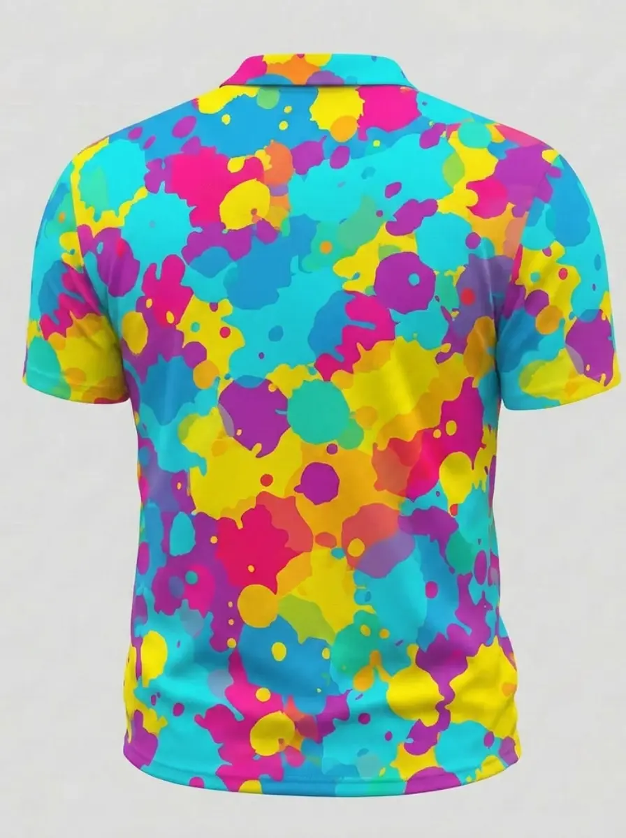Moisture Wicking Golf Polo 3D Multicolor Splash Camo Pattern Button Short Sleeve Golf Polo Shirt