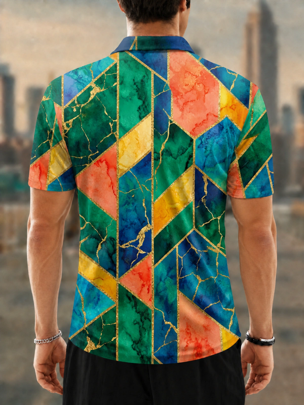 Moisture Wicking Golf Polo 3D Gold Vein Marble Diamond Geometric Button Short Sleeve Golf Polo Shirt