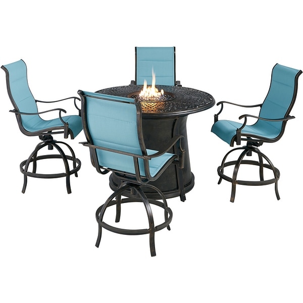 Hanover Traditions 5Piece HighDining Set in Blue with 4 Padded CounterHeight Swivel Chairs and 40,000 BTU Fire Pit Table