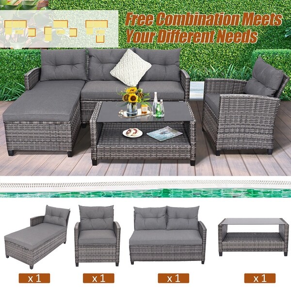 Costway 4PCS Patio Rattan Furniture Set Cushioned Loveseat Table Shelf