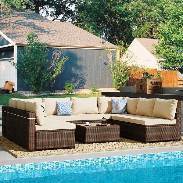 Patio Watcher Outdoor 8 Seater Rattan Sectional Set with Cusions and Coffe Table
