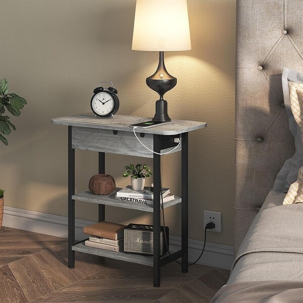 Set of 2 Flip Top Narrow Side Table,Nightstands,End Tables Light Grey