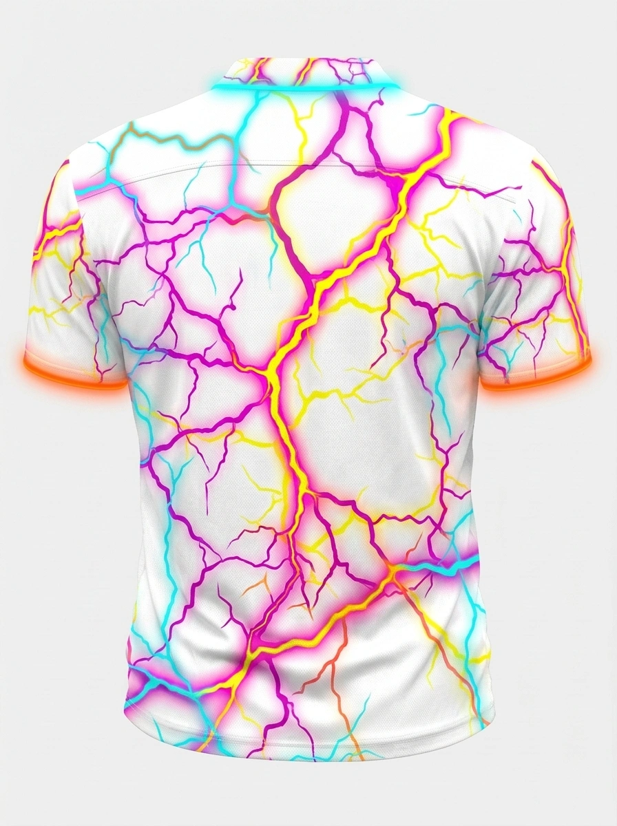 Moisture Wicking Golf Polo 3D White Neon Multicolor Lightning Button Short Sleeve Golf Polo Shirt
