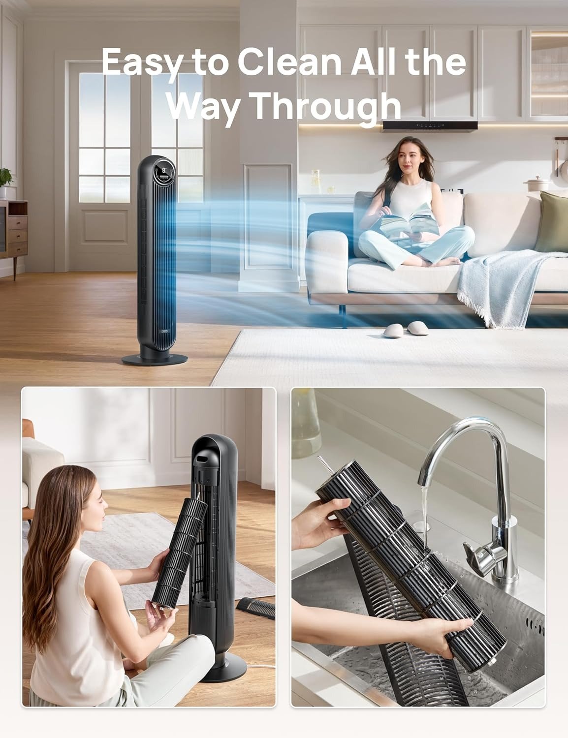 36′′ Compact Bladeless Tower Fan, 90° Oscillating Quiet Floor Fan with Remote for Indoor Home Bedroom