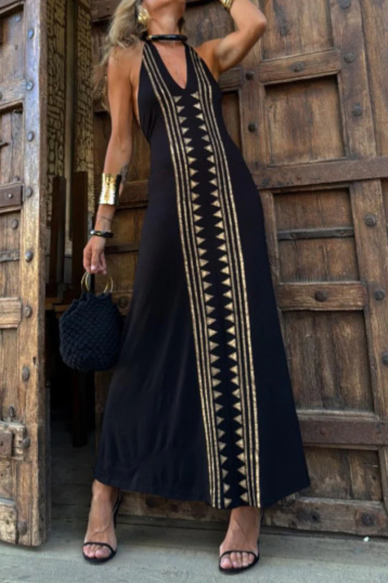 Geometric Halter Maxi Dress | Backless Long DressClistos